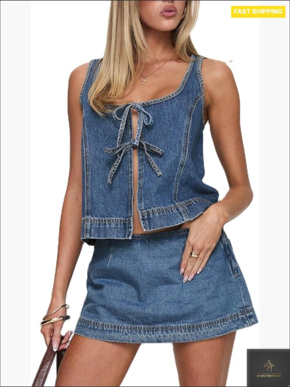 Denim 2 Piece Set Tie Front Vest and Mini Skirt Trendy Summer Going Out Outfit - Picture 1 of 7